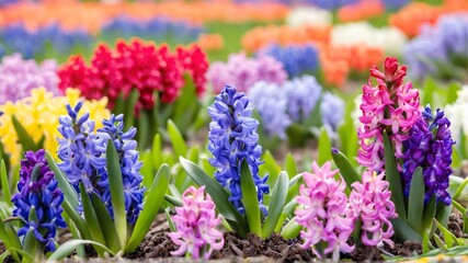 Fototapeta premium Group multicolored blooming hyacinths. Spring landscape.