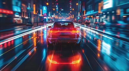 Modern car driving through the city streets at night, car seen from behind. Generative AI.