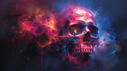 A bright graffiti illustration of a skull in vibrant colors on a black background. Skull image in a grunge artistic style with vibrant colors. Modern illustration.