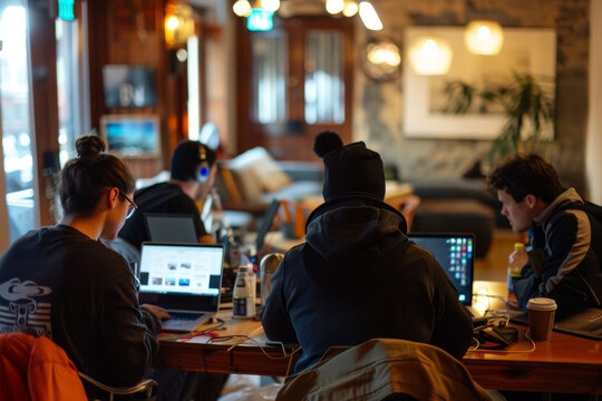 Diverse Group of Young Adults Engaged in Creative Work at a Cozy Cafe