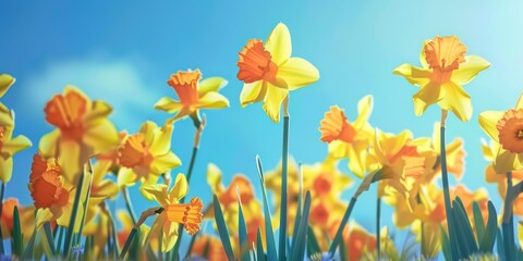 Beautiful yellow daffodils in a scenic field, perfect for spring-themed designs