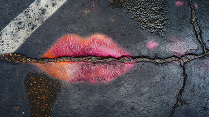 Welttag des Kusses Menschen küssen sich, Männer Frauen, Internationaler Tag am 06. Juli Lippenabdruck Kussmund auf rissigem Asphalt spröde Lippen Lippenpflege Marketing Generative AI - obrazy, fototapety, plakaty