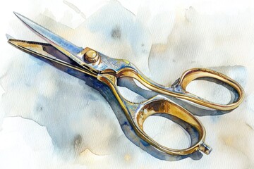 A detailed painting of a pair of gold scissors. Perfect for art and craft projects