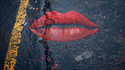 Welttag des Kusses Menschen küssen sich, Männer Frauen, Internationaler Tag am 06. Juli Lippenabdruck Kussmund auf rissigem Asphalt spröde Lippen Lippenpflege Marketing Generative AI - obrazy, fototapety, plakaty