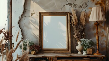 a mockup frame within an interior background adorned with rustic decor, inviting you to infuse your designs with elegance