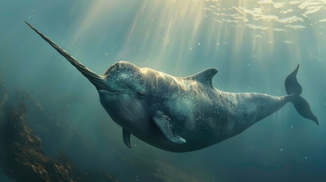 A majestic narwhal swimming gracefully in the ocean. Perfect for marine life concepts - Powered by Adobe