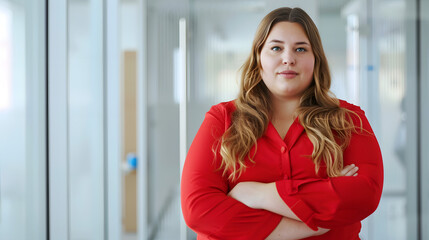 plus size business woman wearing red business attire, standing in front of glass door in white modern office space