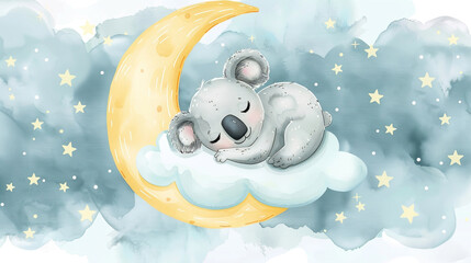 Cute sleeping watercolor illustration with panda in the sky with moon, clouds and stars in pastel blue colors for children's room, notebook cover, poster, card