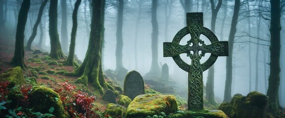 Obraz premium Ancient Celtic gravesite with unmarked gravestones in the middle of a forest in rural Scotland. Generative AI
