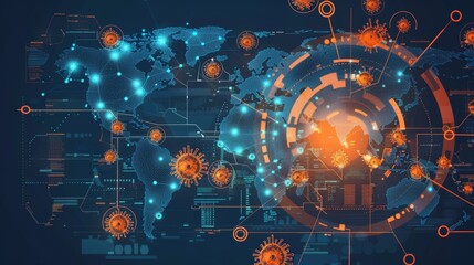 Digital illustration showing covid19's impact on a global map with data points