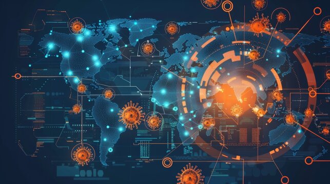 Digital illustration showing covid19's impact on a global map with data points