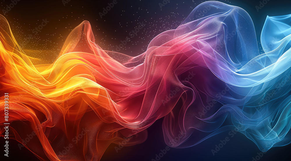 Poster A 2d vector abstract artistic design formed of flowing curving twisting ribbons of ethereal glowing neon iridescent colors. Generative AI.