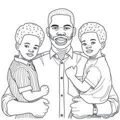 Father's day card, line art style, father with twin sons, africans