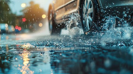 A car is driving through a rainstorm, with water splashing up from the road