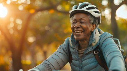 Happy active african american female cycling outdoors in a park. Candid senior lifestyle AI - Powered by Adobe