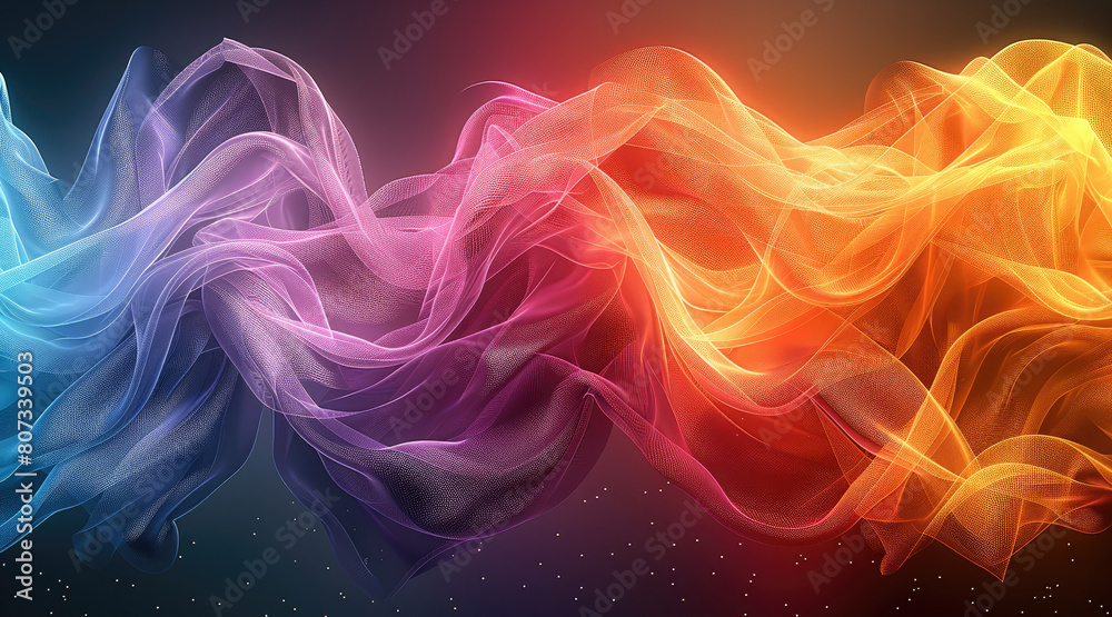 Poster A 2d vector abstract artistic design formed of flowing curving twisting ribbons of ethereal glowing neon iridescent colors. Generative AI.