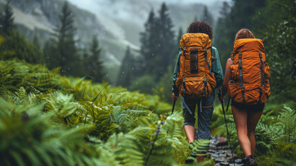 Two People Backpacking Through Forest