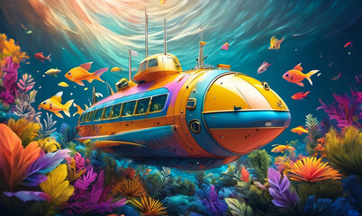 Small colorful futuristic submarines with fish and plants