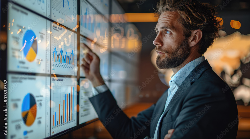 Poster A businessman standing in front of a large presentation screen, analyzing sales data and discussing strategies for optimizing performance and driving revenue growth. Generative AI.