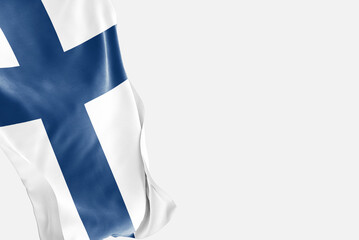 National flag of Finland flutters in the wind. Wavy Finland Flag. Close-up front view.