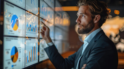 A businessman standing in front of a large presentation screen, analyzing sales data and discussing strategies for optimizing performance and driving revenue growth. Generative AI.