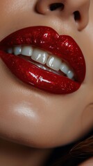 Obraz premium Close Up of Woman With Red Lipstick