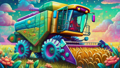 oil painting style cartoon illustration Firefly combine harvester working on a field