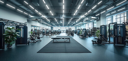 A fitness and wellness zone situated in a vast, modern exhibition centre, black gym flooring, complete with strength equipment. Generative AI.