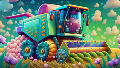 oil painting style cartoon illustration Firefly combine harvester working on a field