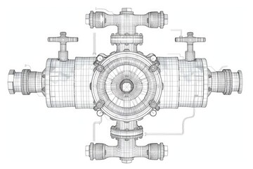 Detailed drawing of a three way valve, suitable for technical and industrial use