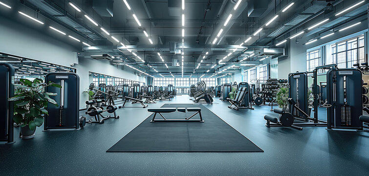 A fitness and wellness zone situated in a vast, modern exhibition centre, black gym flooring, complete with strength equipment. Generative AI.