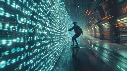 Man riding a hoverboard on a digital wave of binary code in a virtual world