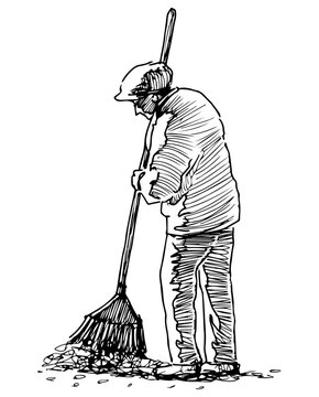 recommend clip art: Janitor,cleaner,laborer,sweeping, broom,outdoor,contour drawing,vector hand drawn illustration isolated on white