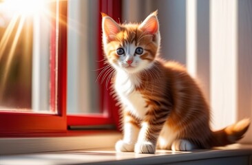 Cute red kitten in profile is sittnig near the window 
