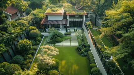Top view, wide angle, spring, grassy back garden of the villa, there is a pavilion in the corner of the yard, there is a black steel fence and a road paved with small stones. Generative AI.