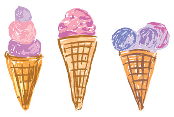 Vanilla popsicles in waffle cones, ice cream set,vector hand drawn isolated on white
