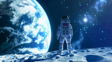 Lunar Mission Astronaut Standing on the Moon's Surface with Earth Rising in the Background, Illuminated by the Starlight