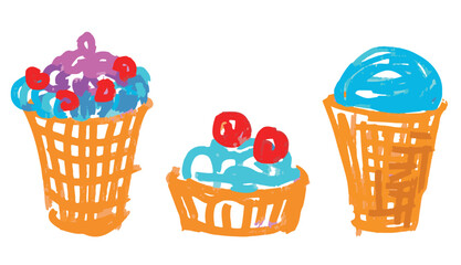 Vanilla popsicles in waffle cups, ice cream set,colorful doodles, hand drawn vector illustration isolated on white