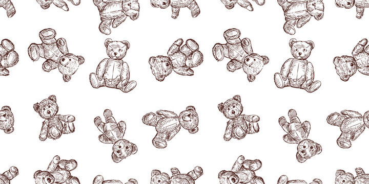 Teddy bears old toys sketches collection seamless pattern vector childish background wallpaper paper