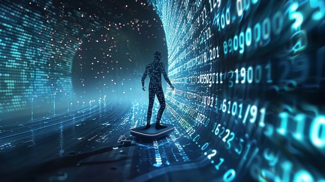 Skilled man rides hoverboard on towering wave of binary code in vibrant digital world