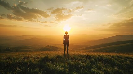 Harmony with Nature: A Colossal Silhouette Amidst Rolling Hills and Meadows at Sunset