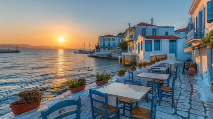 Luxury restaurant at sunrise. tables and chairs set up for an outdoor dining experience on white stone walls near water edge, overlooking small houses with pastel colored facades. Generative AI.