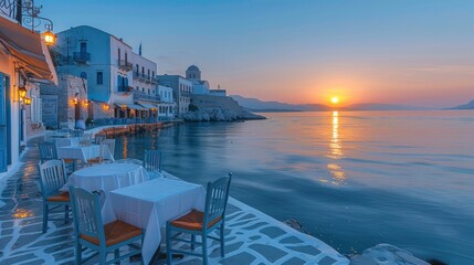 Fototapeta premium Luxury restaurant at sunrise. tables and chairs set up for an outdoor dining experience on white stone walls near water edge, overlooking small houses with pastel colored facades. Generative AI.