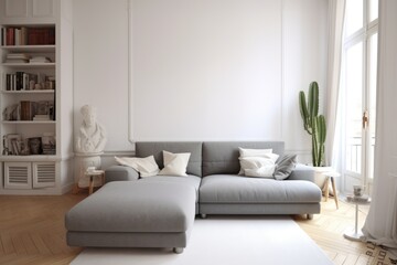A bright living room with a large gray couch, a tall cactus, and a white bookshelf. AIG51A.