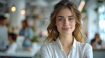 Happy small business owner woman posing with casual shirt and bokeh background of employees working in the white modern office behind. Generative AI.