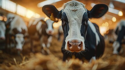 Close-Up of a Cow in a Dairy Farm Pen, Cattle Indoors with Warm Lighting - obrazy, fototapety, plakaty