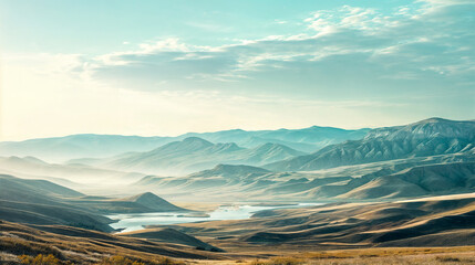 Foggy landscape of mountains and river, with blue sky and white clouds. - Powered by Adobe