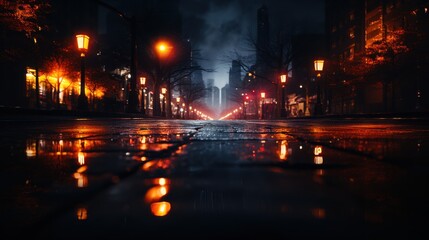 Obraz premium Mysterious Night Scene on a Rainy Urban Street with Glowing Street Lamps
