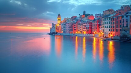 Obraz premium Stunning Sunset View of Colorful Portovenere Town Over Calm Sea