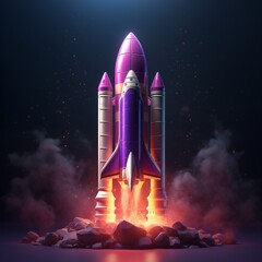 Dramatic Nighttime Launch of a Futuristic Purple Space Rocket